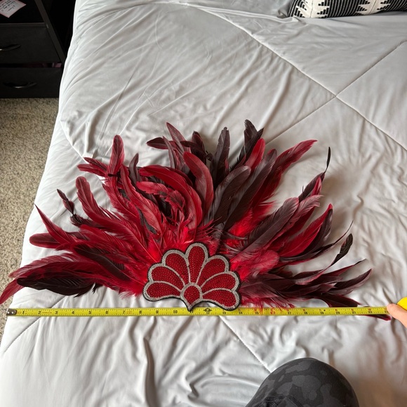 Red Feathered Costume Set Head Piece Sequins and Feathered Skirt Wrap Tie - Picture 8 of 9